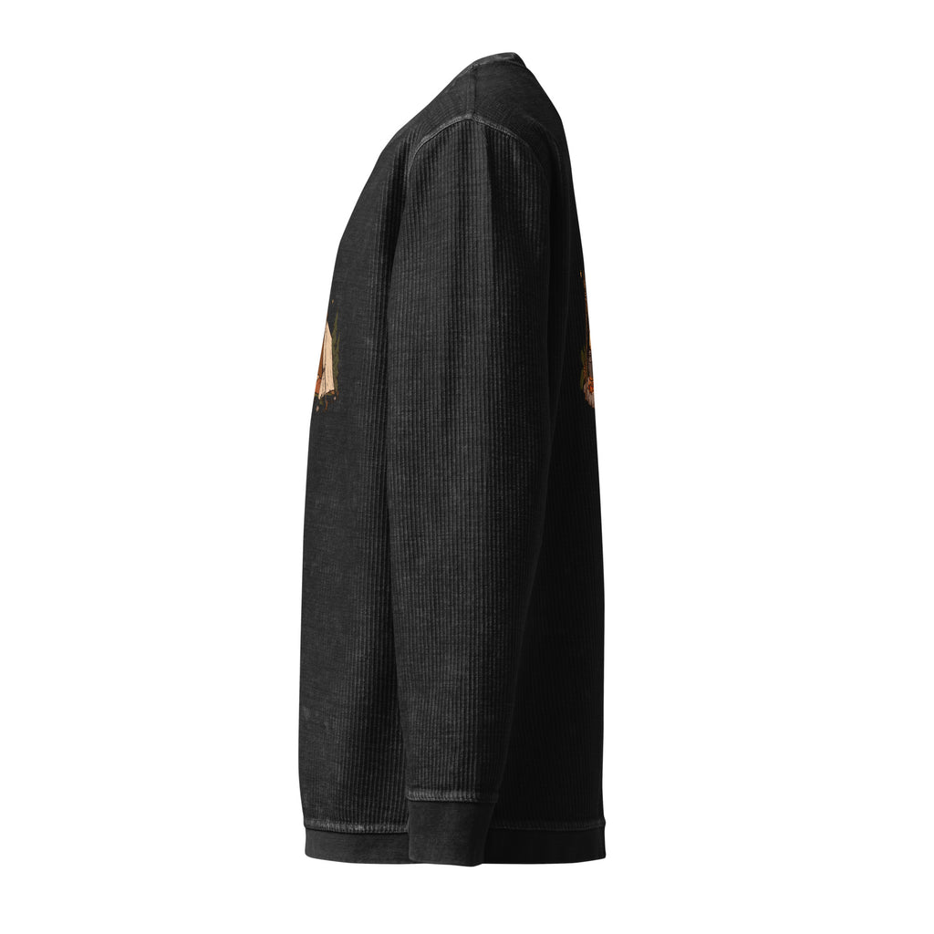 Left-side view of the camping illustration corded sweatshirt in black