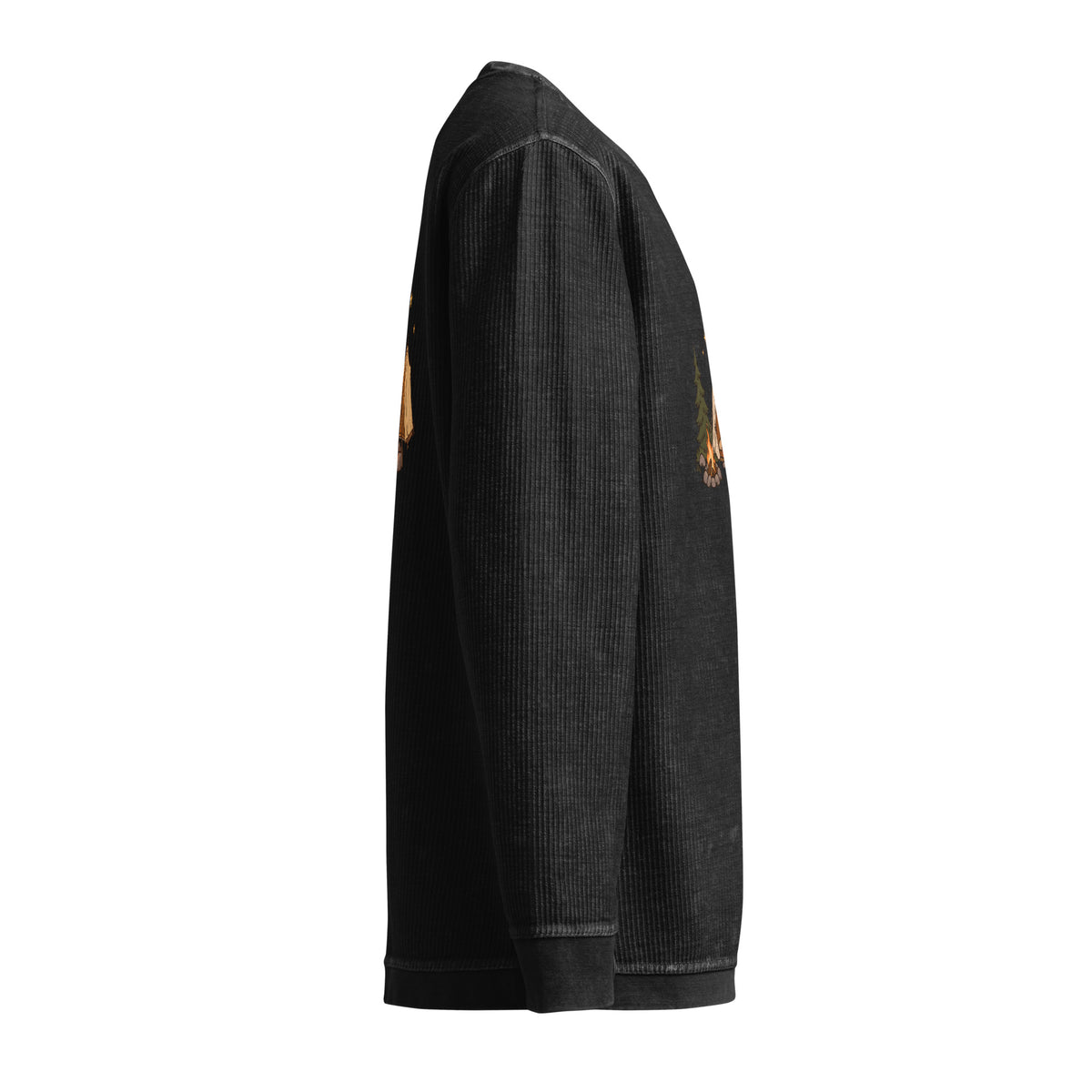 Right-side view of the camping illustration corded sweatshirt in black