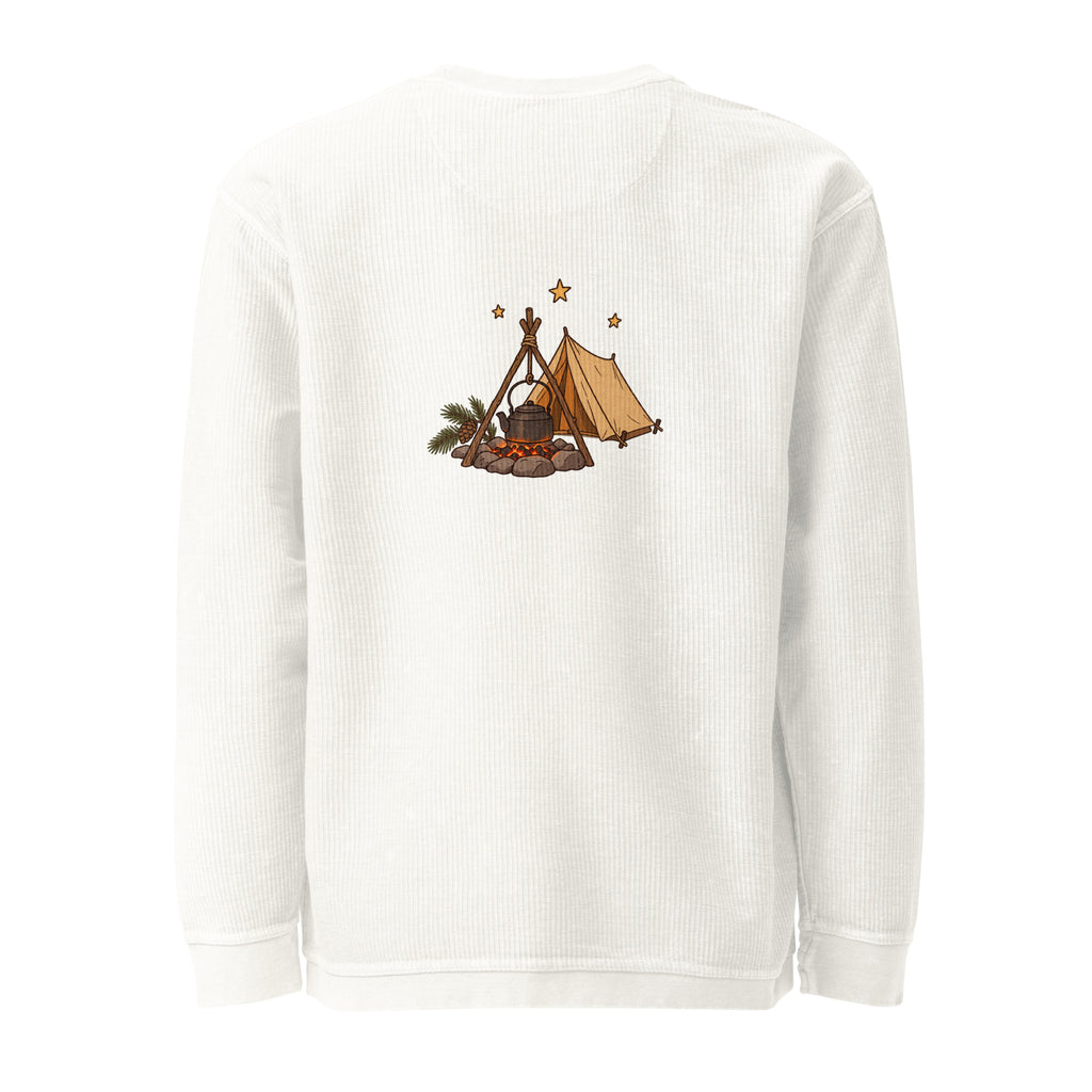 Back view of the camping illustration corded sweatshirt in ivory
