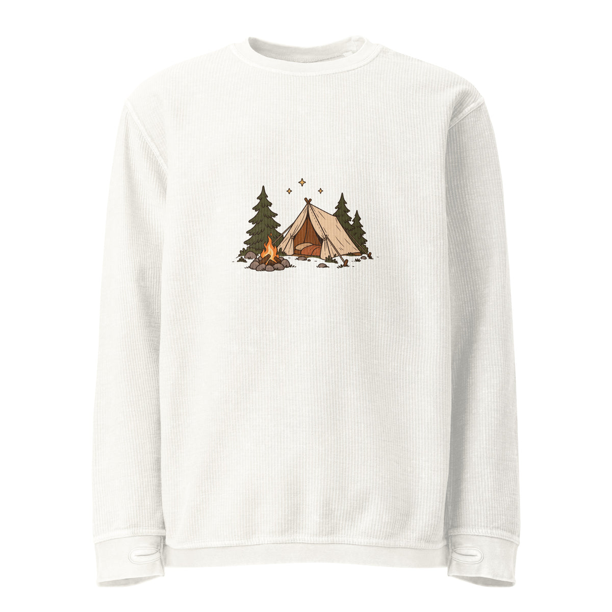 Front view of the camping illustration corded sweatshirt in ivory