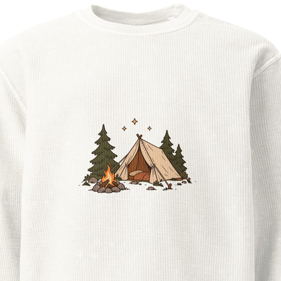 Close-up of the original Camping Illustration Corded Sweatshirt front; artwork and garment proportions unchanged. See following photos for full garment and fit.