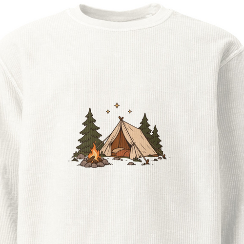 Close-up of the original Camping Illustration Corded Sweatshirt front; artwork and garment proportions unchanged. See following photos for full garment and fit.