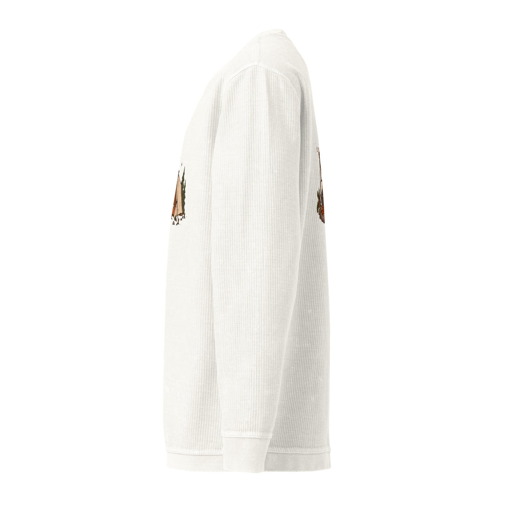 Left-side view of the camping illustration corded sweatshirt in ivory