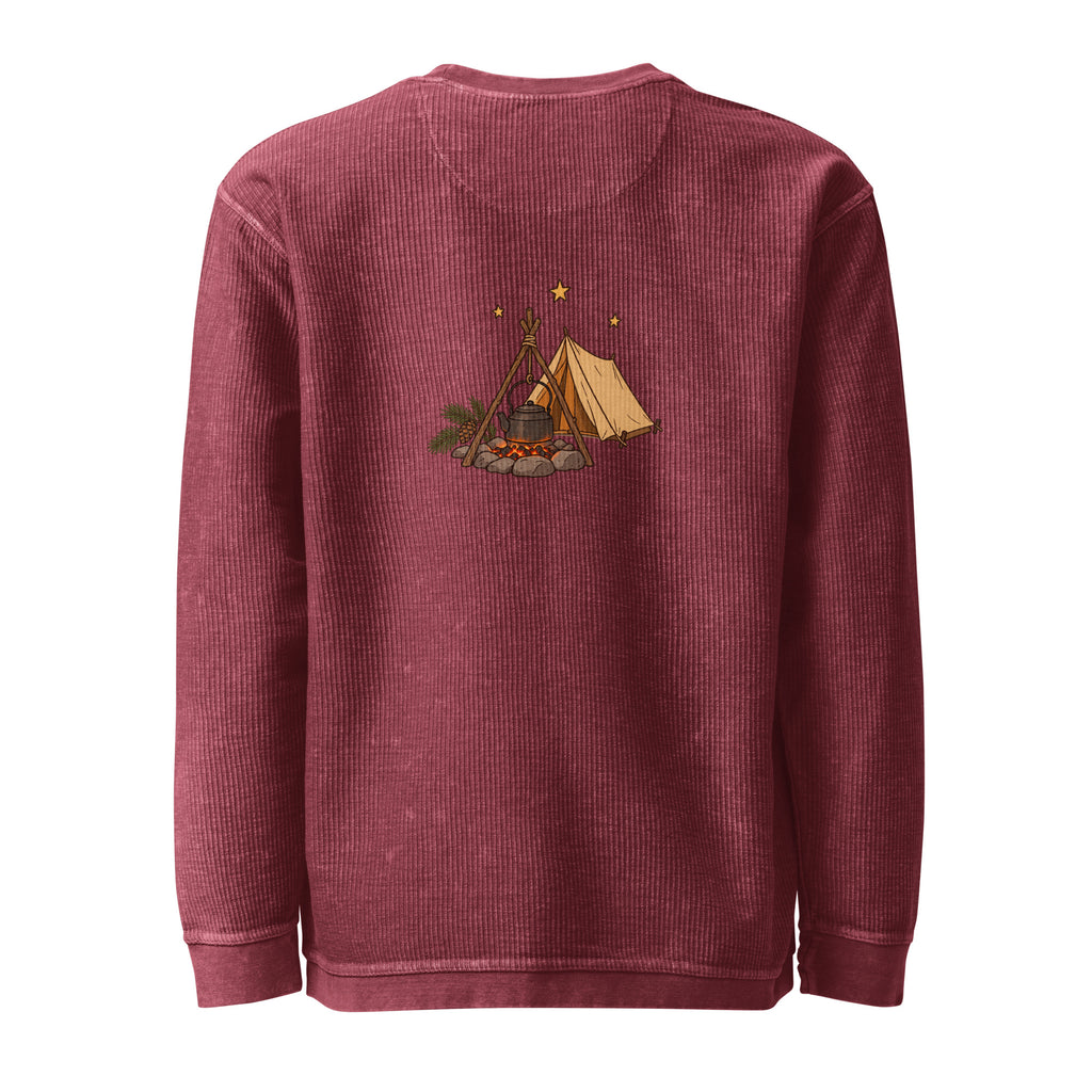 Back view of the camping illustration corded sweatshirt in maroon