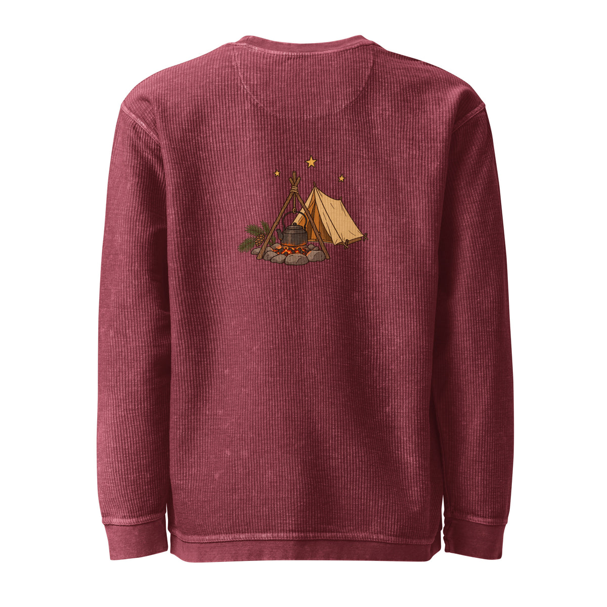 Back view of the camping illustration corded sweatshirt in maroon