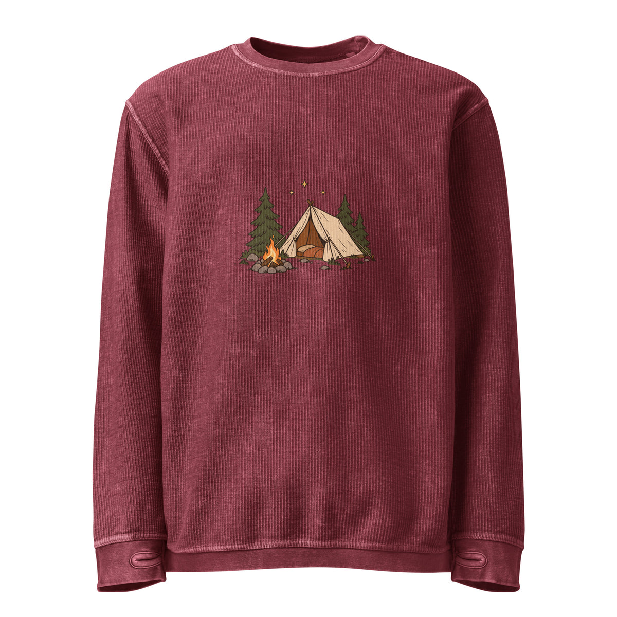 Front view of the camping illustration corded sweatshirt in maroon