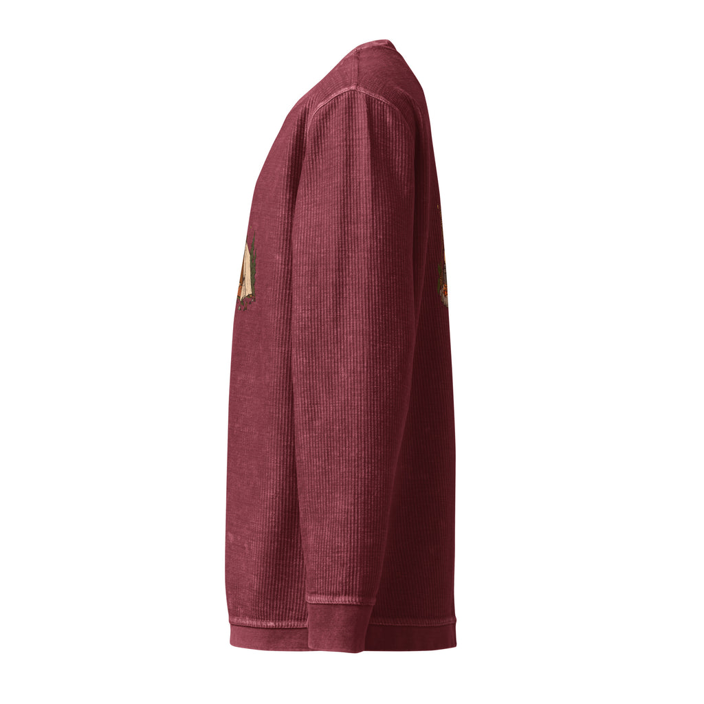 Left-side view of the camping illustration corded sweatshirt in maroon