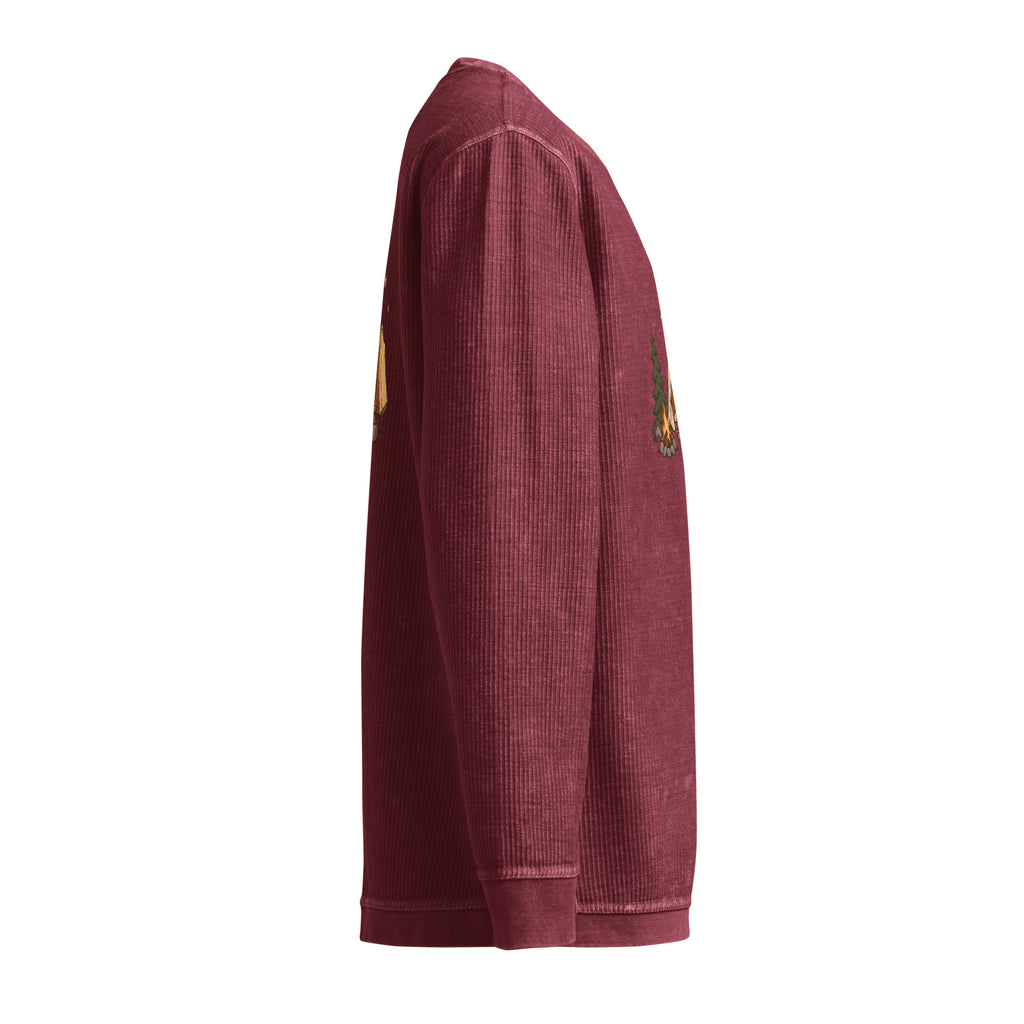 Right-side view of the camping illustration corded sweatshirt in maroon