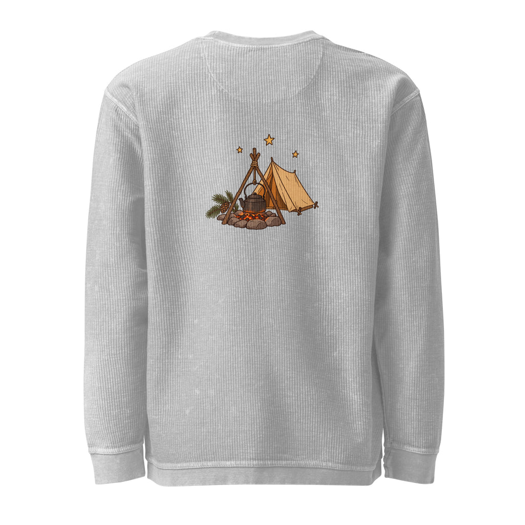 Back view of the camping illustration corded sweatshirt in silver