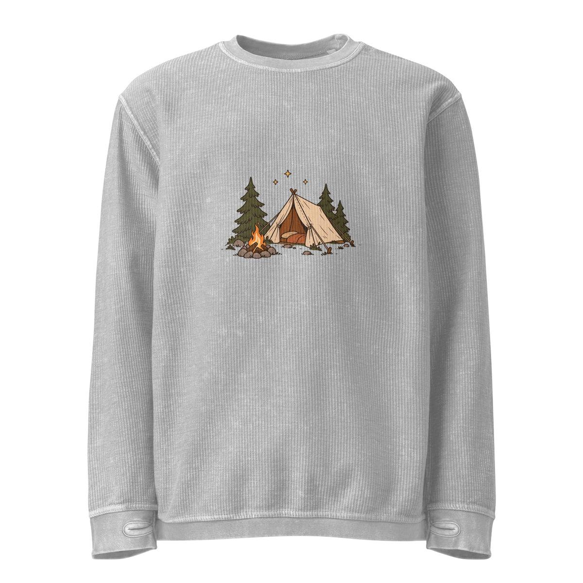 Front view of the camping illustration corded sweatshirt in silver