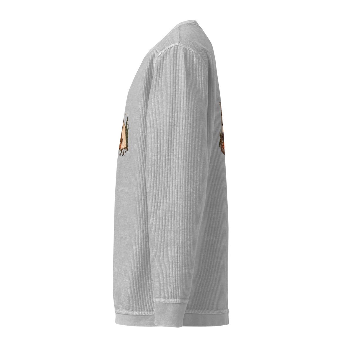 Left-side view of the camping illustration corded sweatshirt in silver