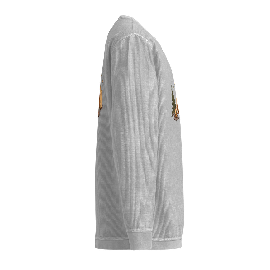 Right-side view of the camping illustration corded sweatshirt in silver
