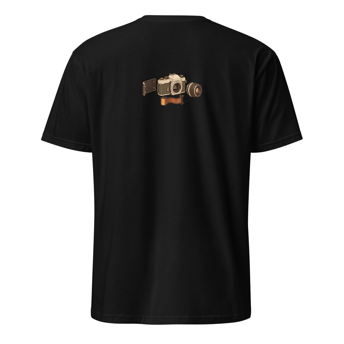 Back view of the vintage camera graphic t-shirt in black