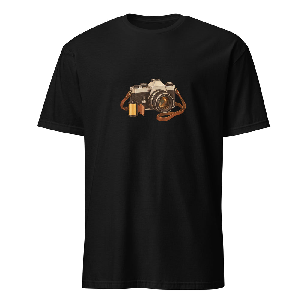 Black short-sleeve T-shirt with a vintage camera illustration