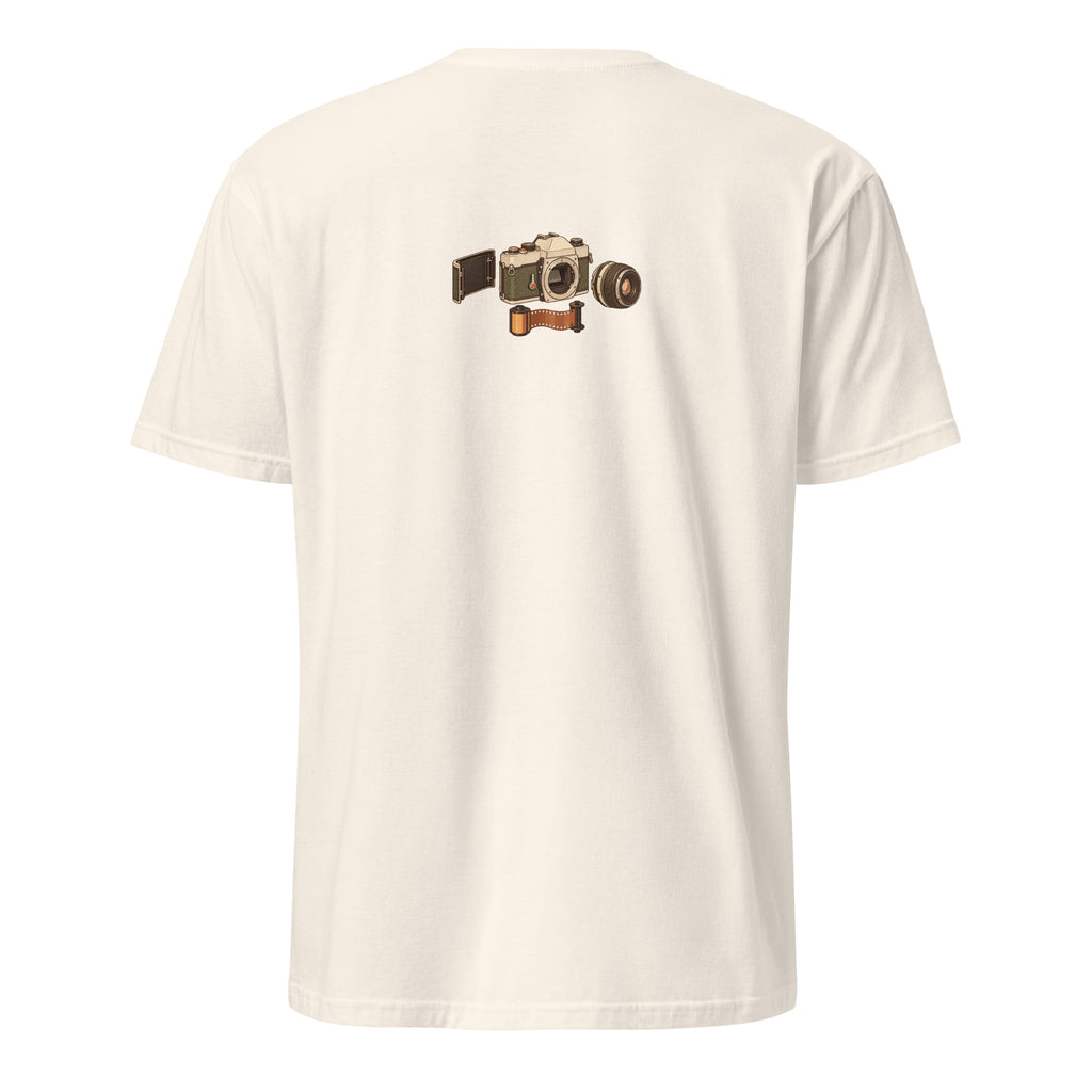 Back view of the vintage camera graphic t-shirt in natural