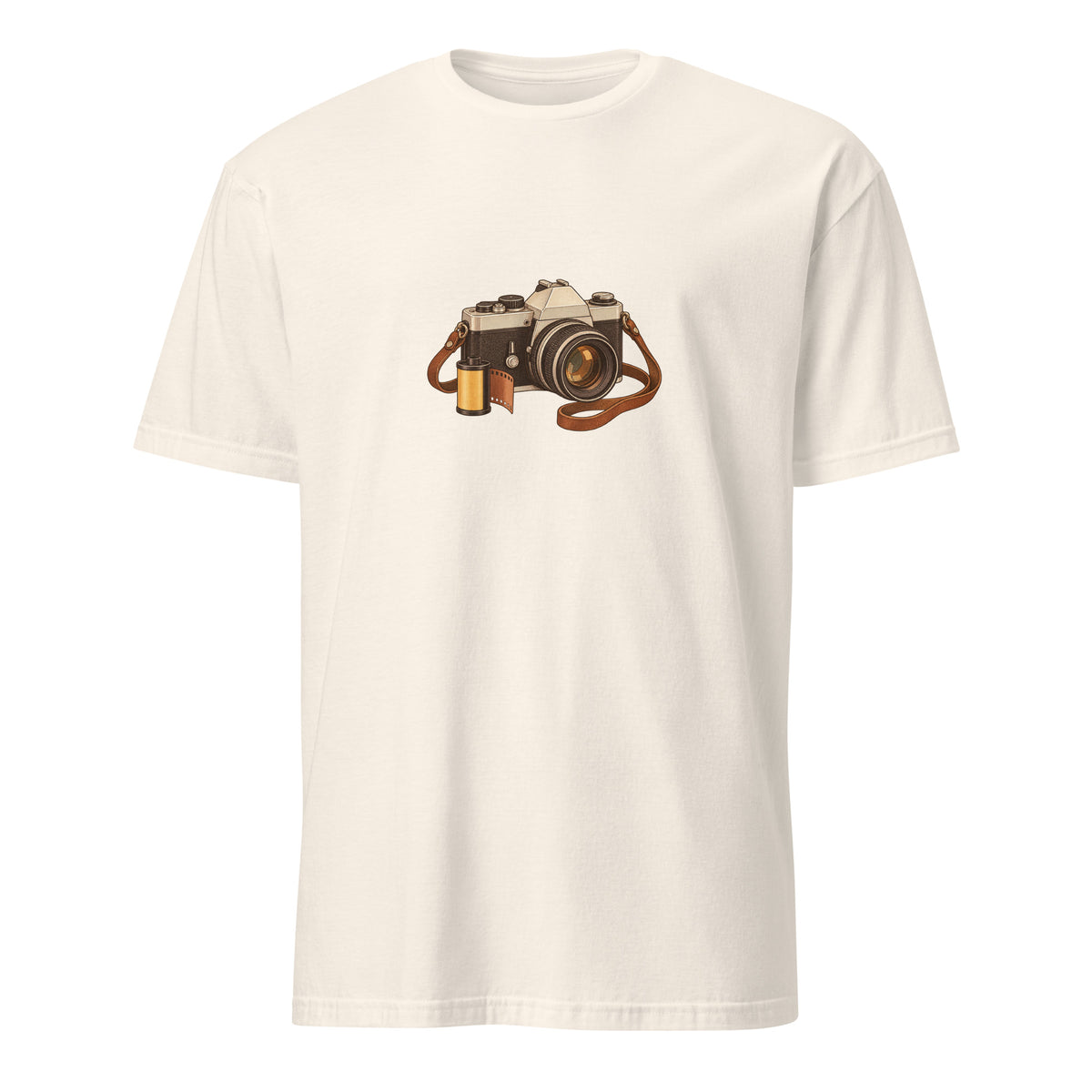 Front view of the vintage camera graphic t-shirt in natural