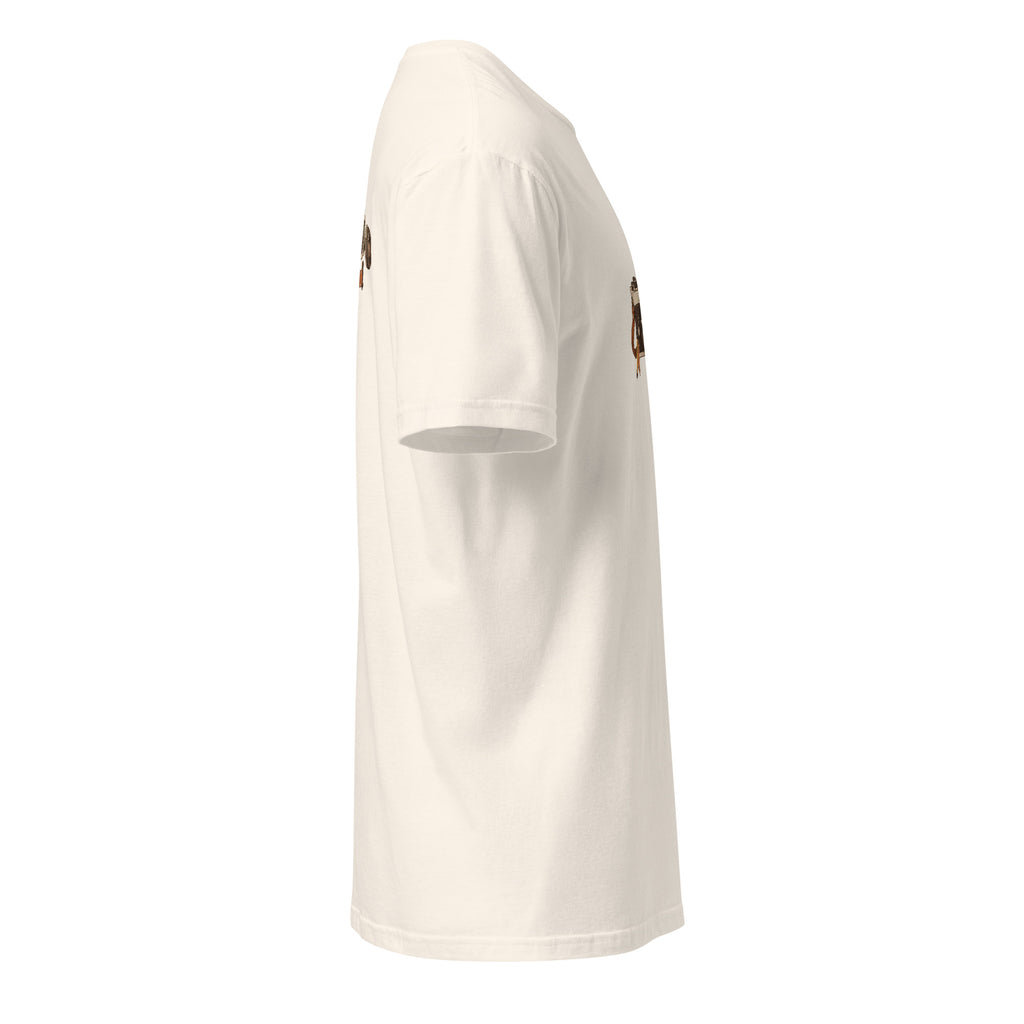 Right-side view of the vintage camera graphic t-shirt in natural
