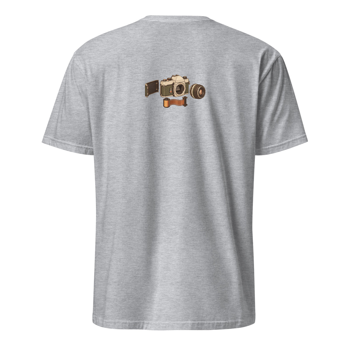 Back view of the vintage camera graphic t-shirt in sport grey