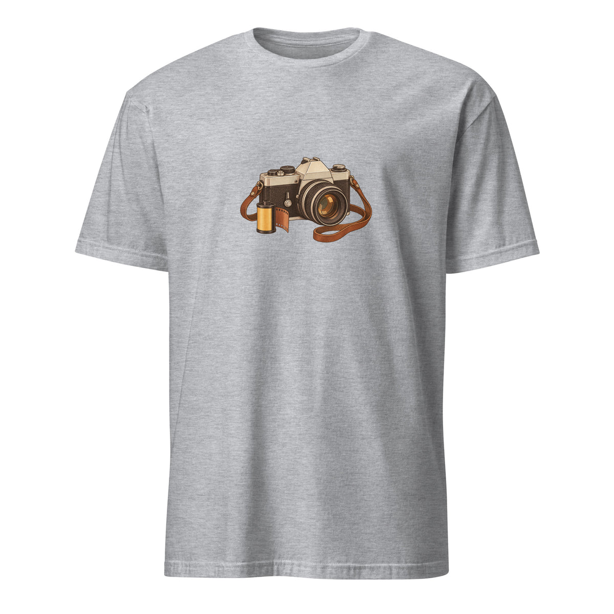 Front view of the vintage camera graphic t-shirt in sport grey