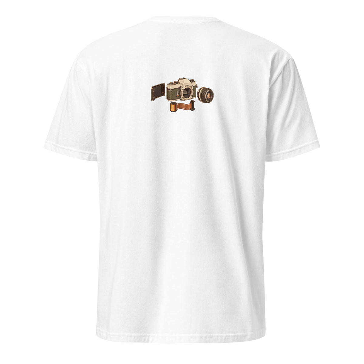 Back view of the vintage camera graphic t-shirt in white