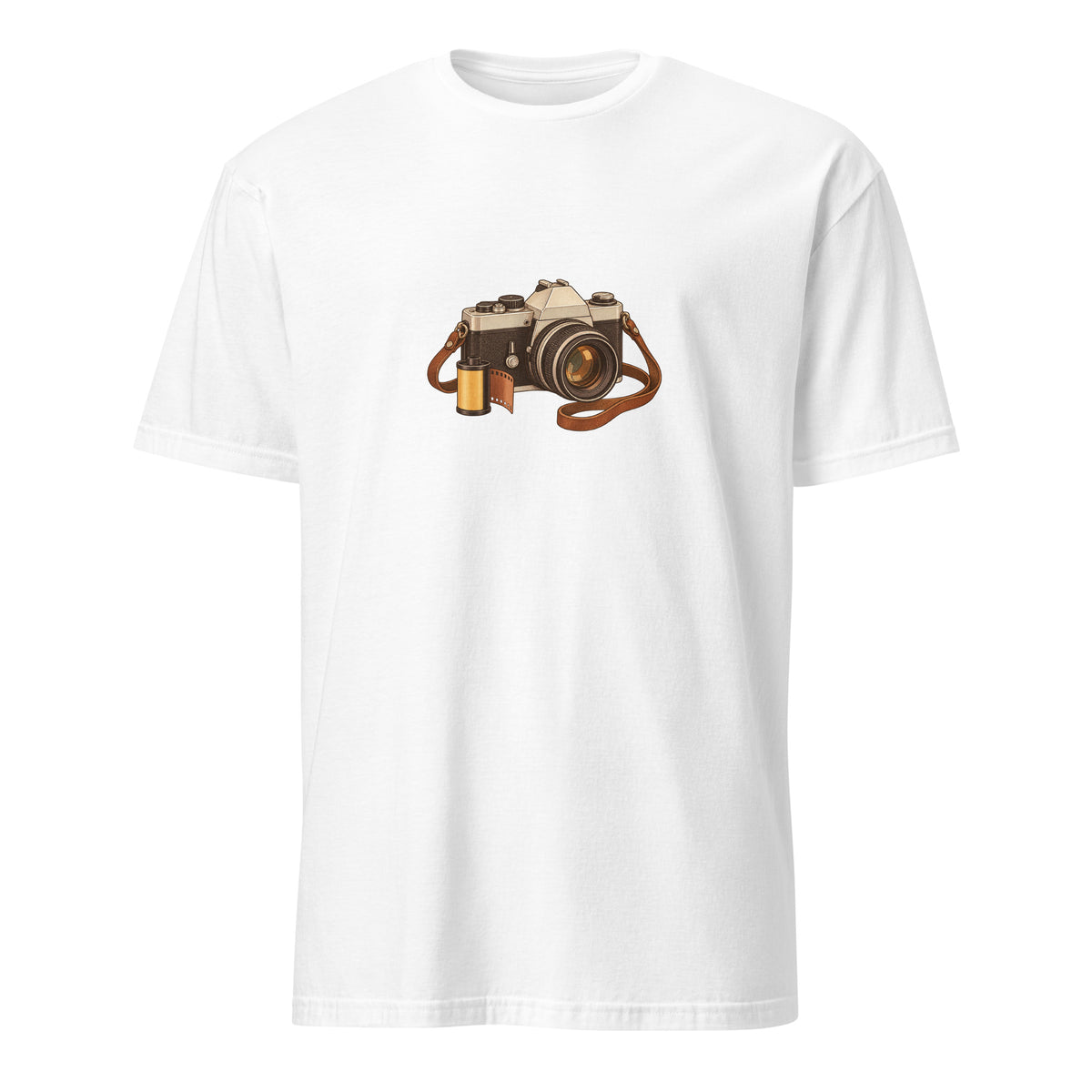 Front view of the vintage camera graphic t-shirt in white
