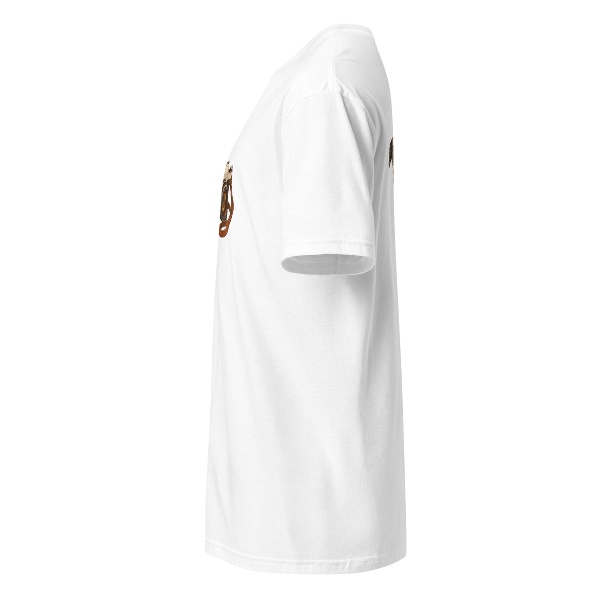 Left-side view of the vintage camera graphic t-shirt in white