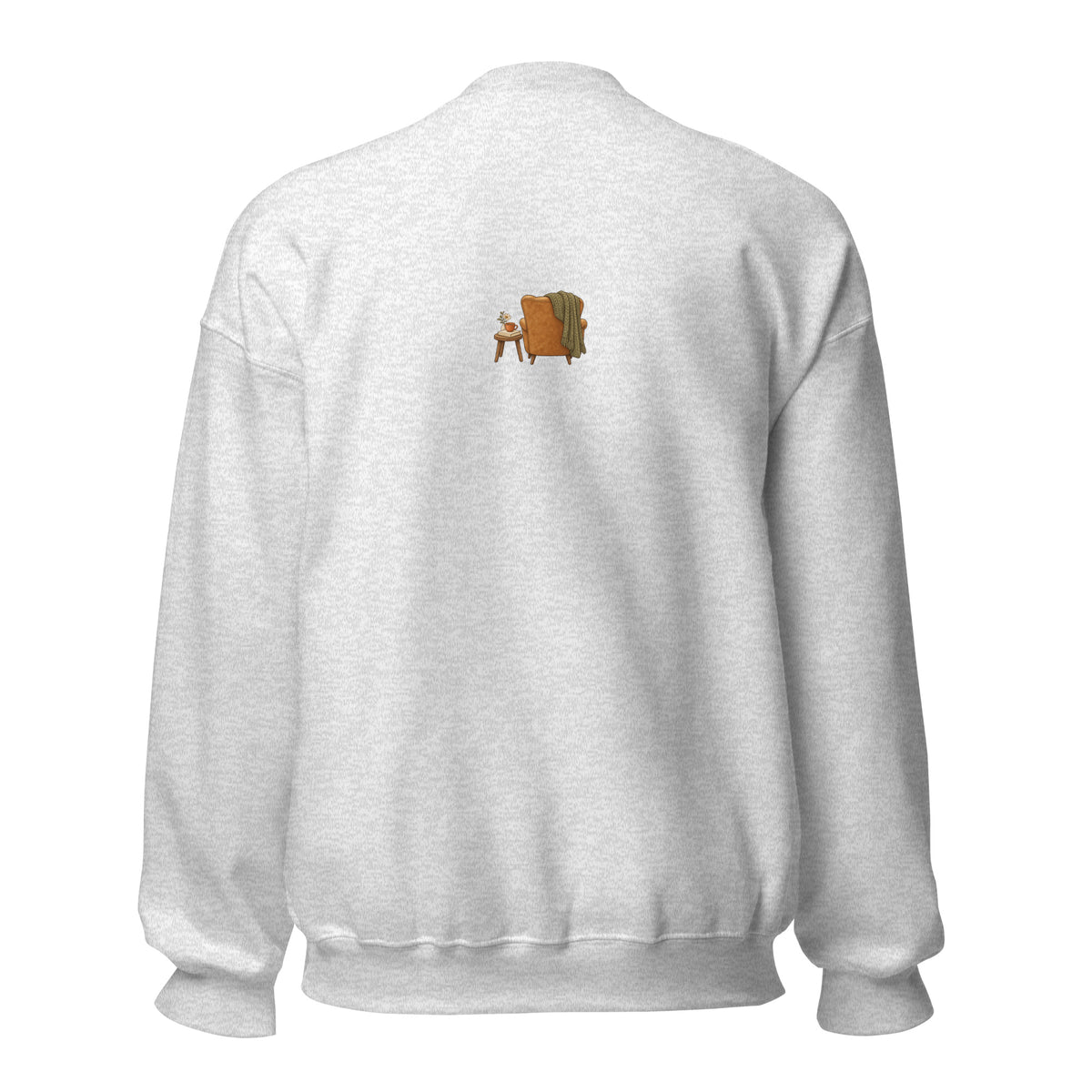 Product mockup of Cozy Reading Chair unisex sweatshirt in Ash, back view with small armchair illustration