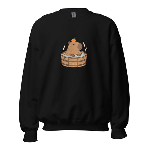 Black crewneck sweatshirt with a capybara in a wooden bath illustration