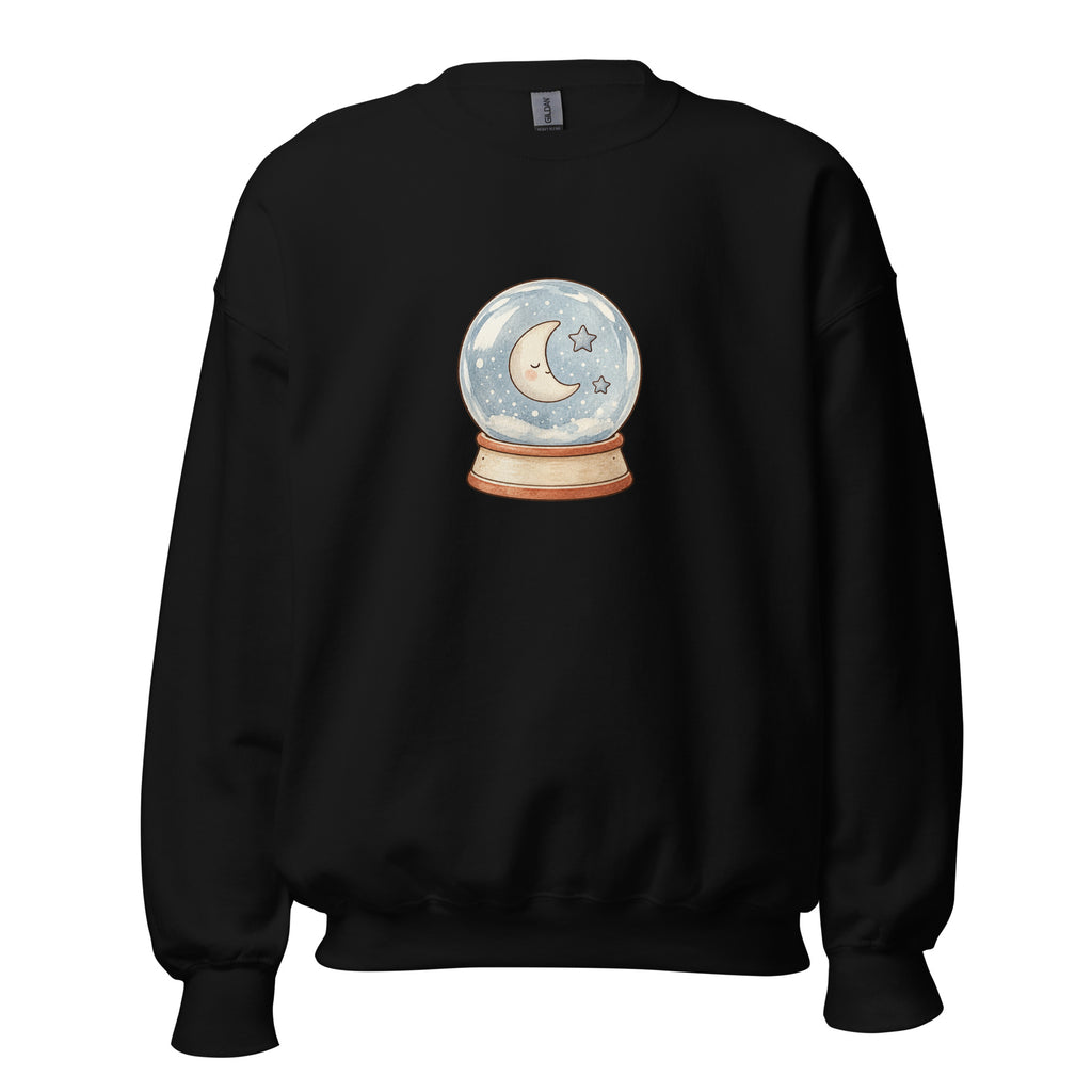 Black sweatshirt front with a pale crescent moon and stars inside a snow globe