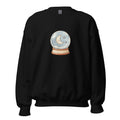 Black sweatshirt front with a pale crescent moon and stars inside a snow globe