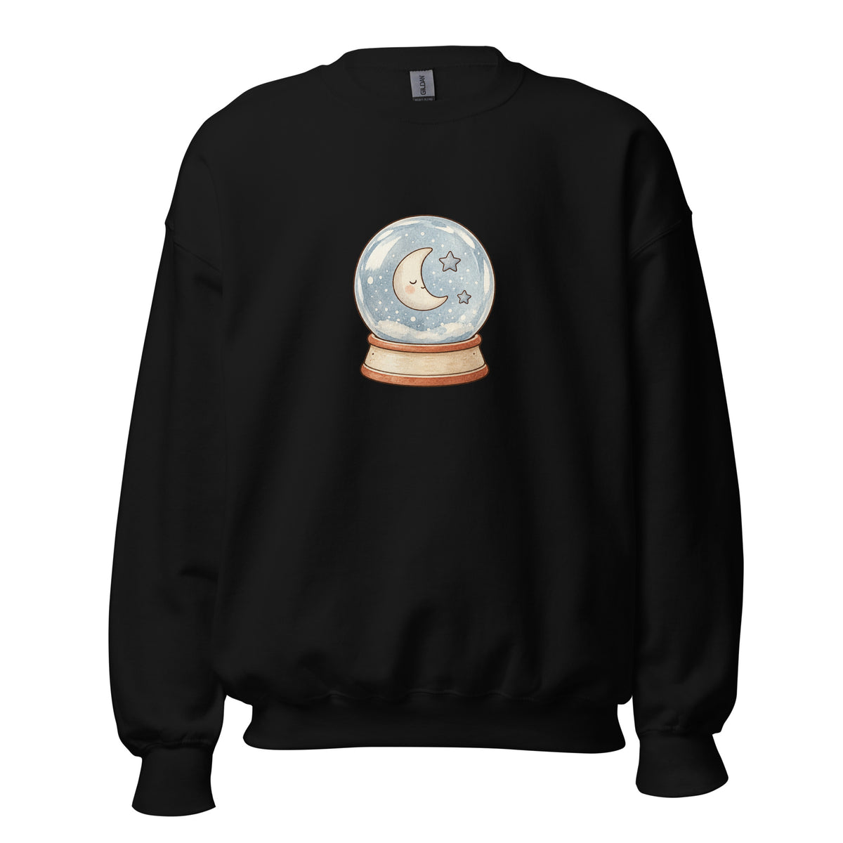 Black sweatshirt front with a pale crescent moon and stars inside a snow globe