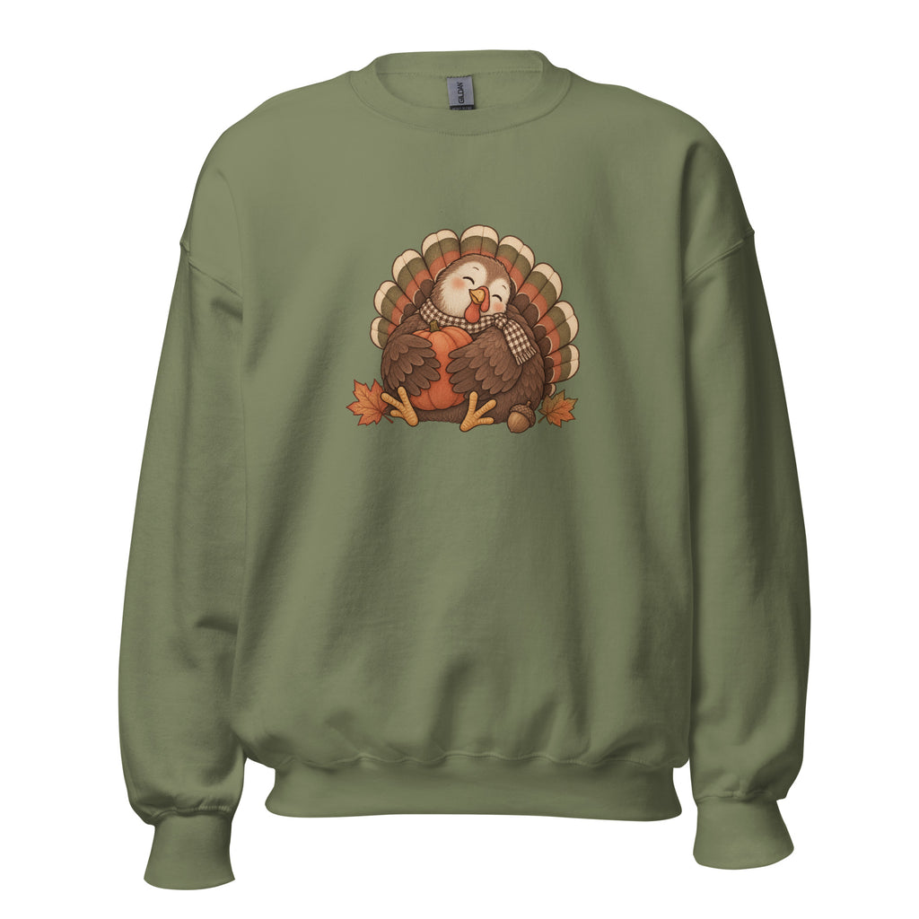 Military green sweatshirt front with a scarf-wearing turkey, pumpkin and autumn leaves