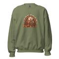 Military green sweatshirt front with a scarf-wearing turkey, pumpkin and autumn leaves