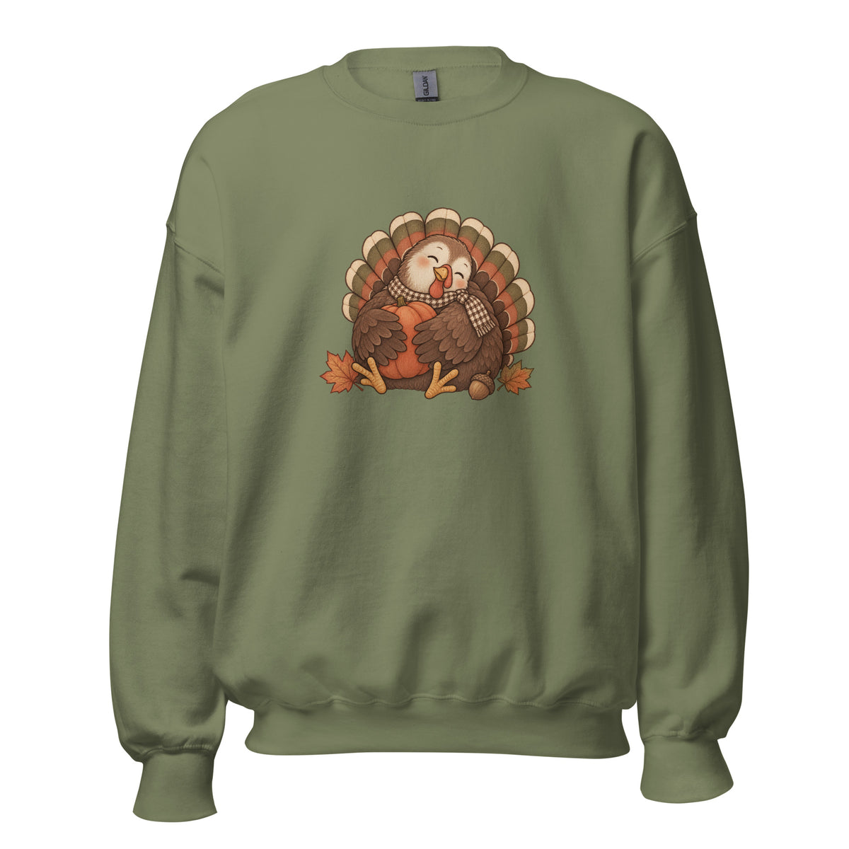 Military green sweatshirt front with a scarf-wearing turkey, pumpkin and autumn leaves