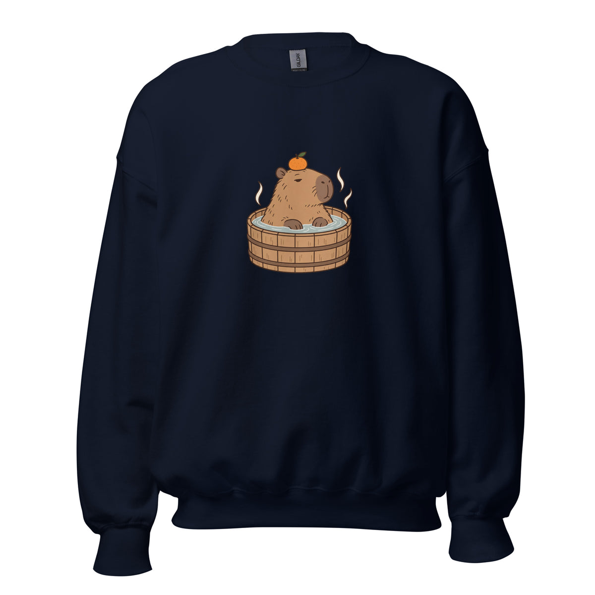 Front view of the capybara bath graphic sweatshirt in navy