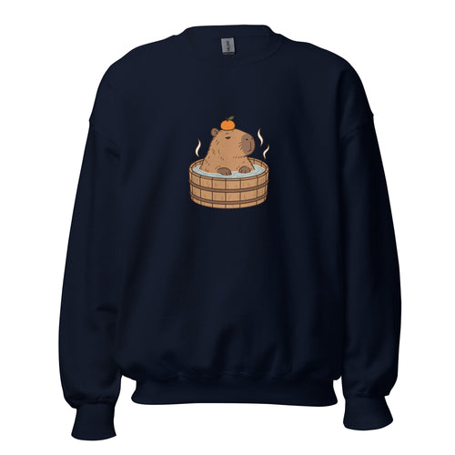 Front view of the capybara bath graphic sweatshirt in navy