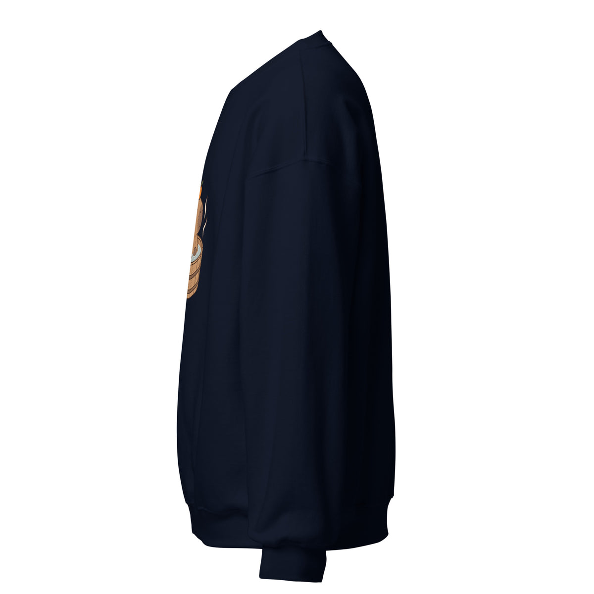 Left-side view of the capybara bath graphic sweatshirt in navy