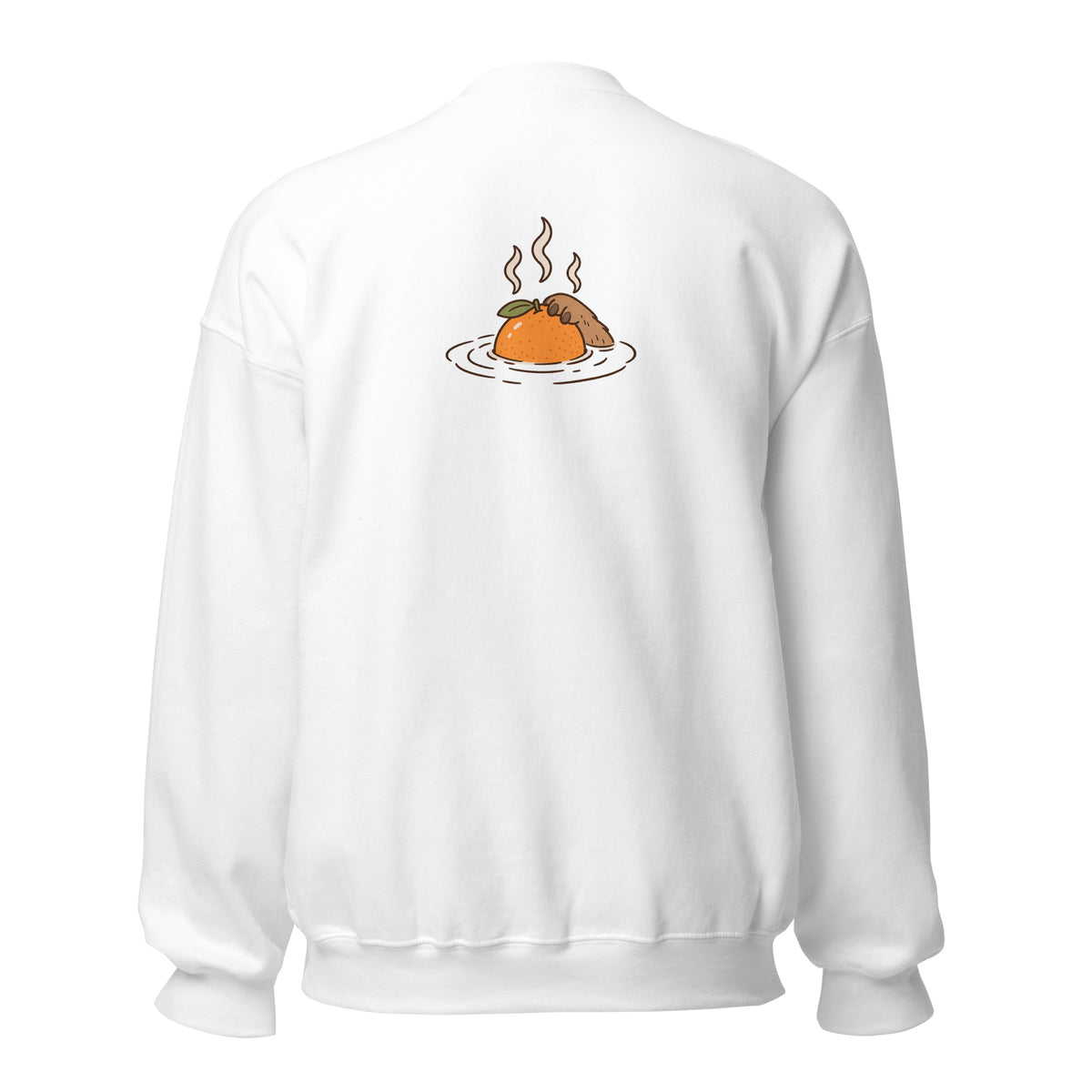 Back view of the capybara bath graphic sweatshirt in white