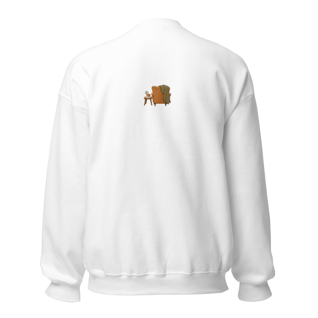 Product mockup of Cozy Reading Chair unisex sweatshirt in White, back view with small armchair illustration