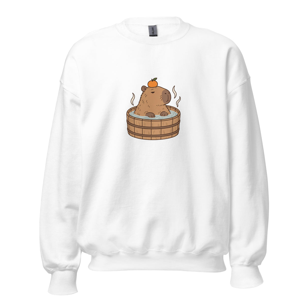 Front view of the capybara bath graphic sweatshirt in white