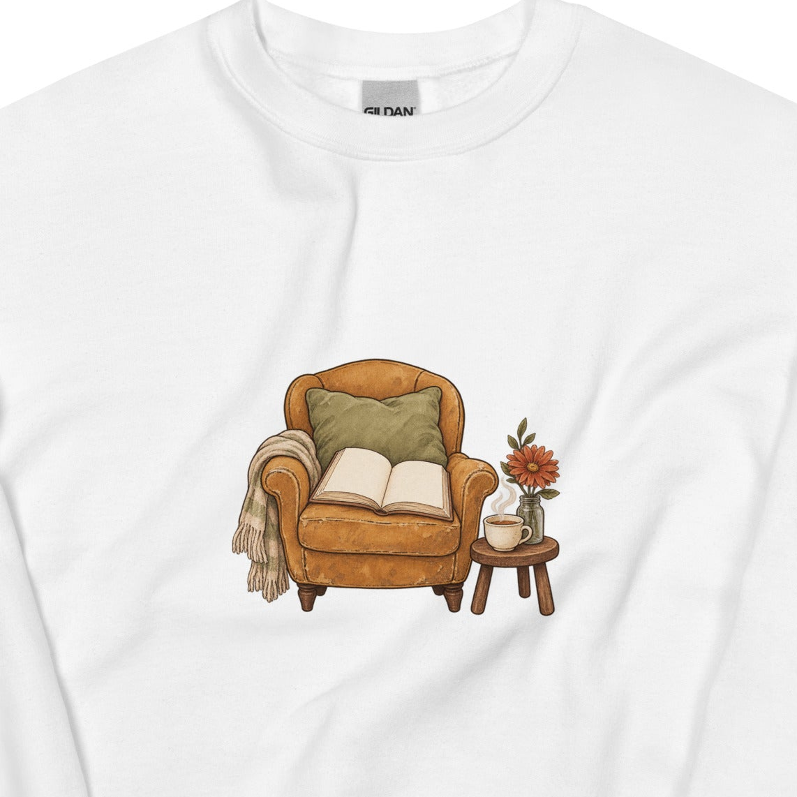 Close-up of the original Cozy Reading Chair Unisex Sweatshirt front; artwork and garment proportions unchanged. See following photos for full garment and fit.