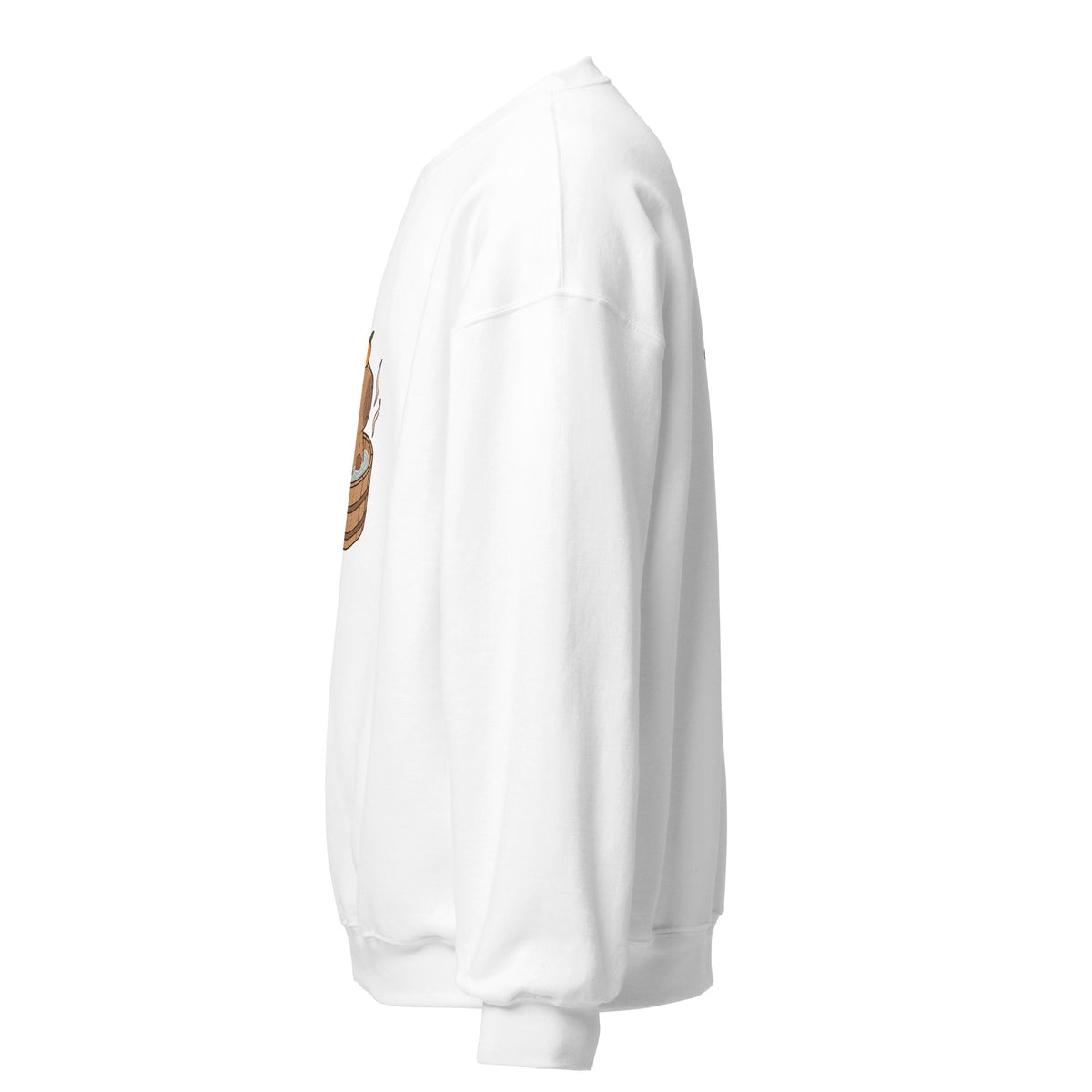 Left-side view of the capybara bath graphic sweatshirt in white