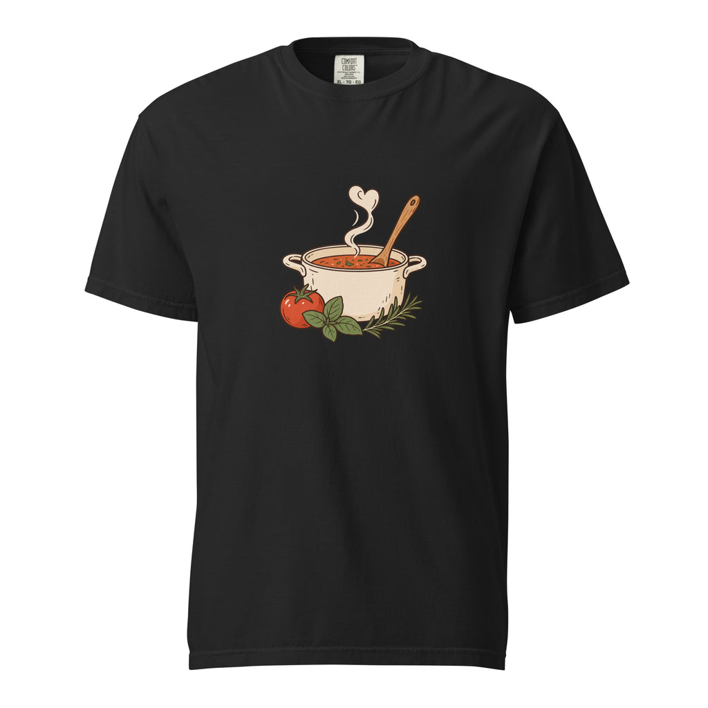 Black short-sleeve T-shirt with a steaming noodle bowl illustration