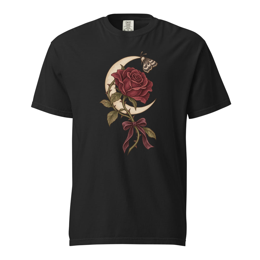 Black T-shirt front with a burgundy rose, pale crescent moon, moth and ribbon