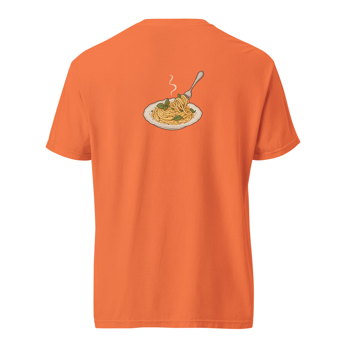 Back view of the noodle bowl heavyweight graphic t-shirt in burnt orange