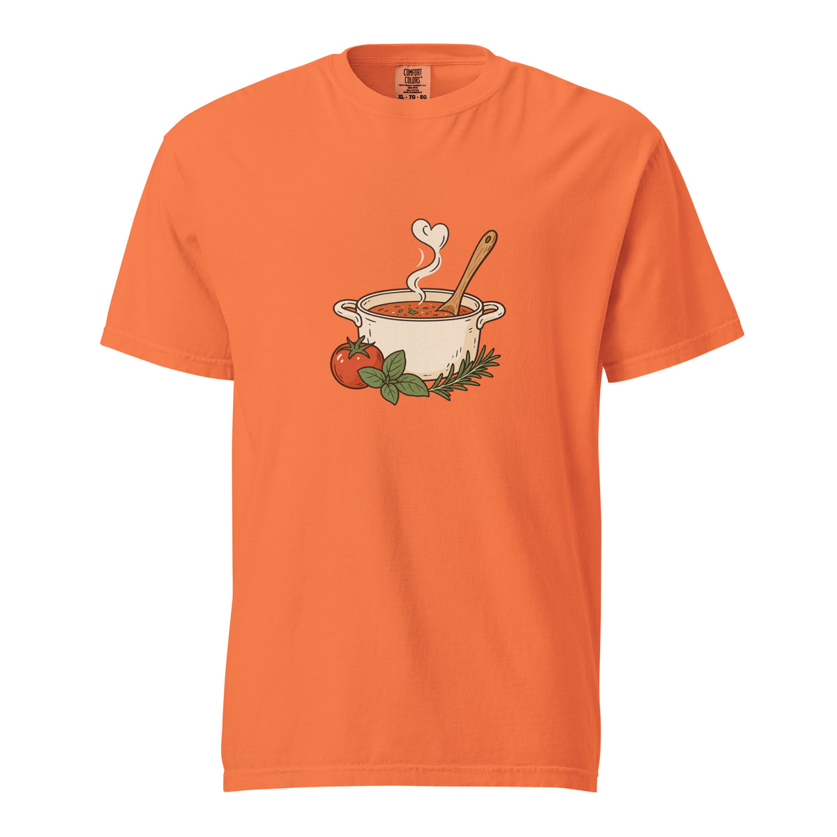 Front view of the noodle bowl heavyweight graphic t-shirt in burnt orange