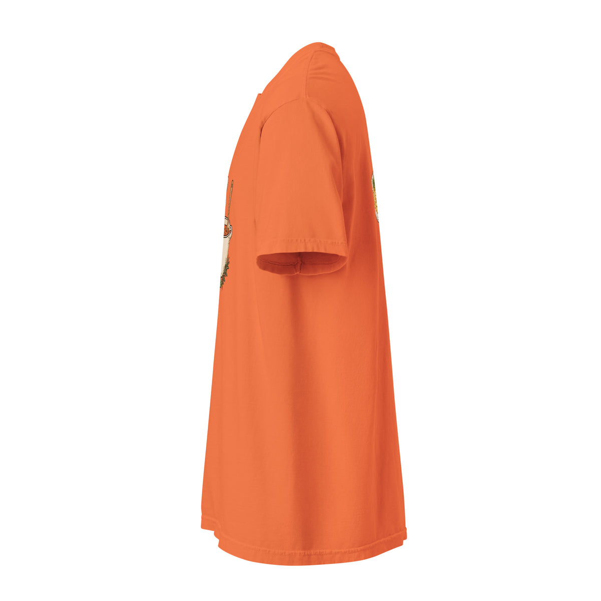 Left-side view of the noodle bowl heavyweight graphic t-shirt in burnt orange