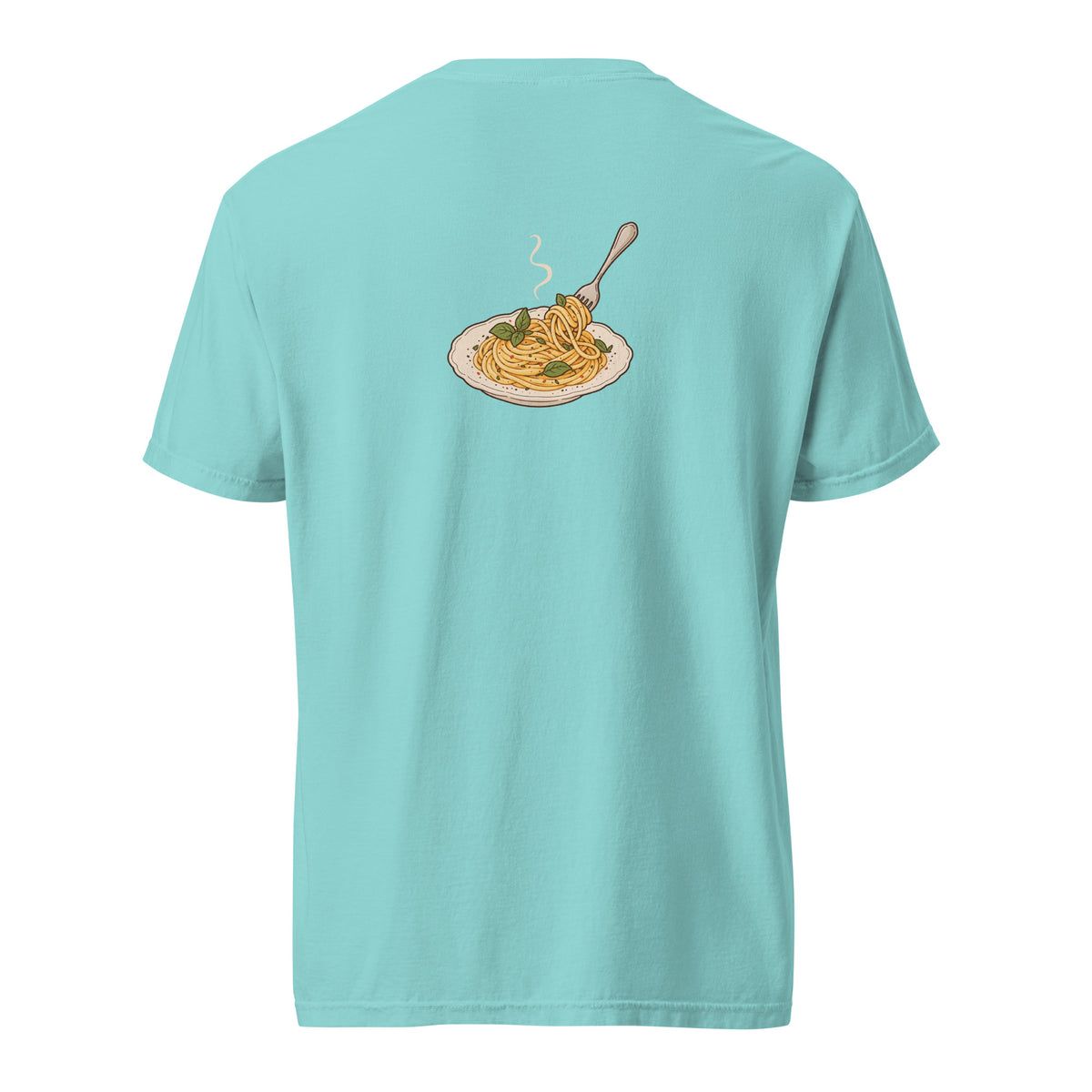 Back view of the noodle bowl heavyweight graphic t-shirt in lagoon blue