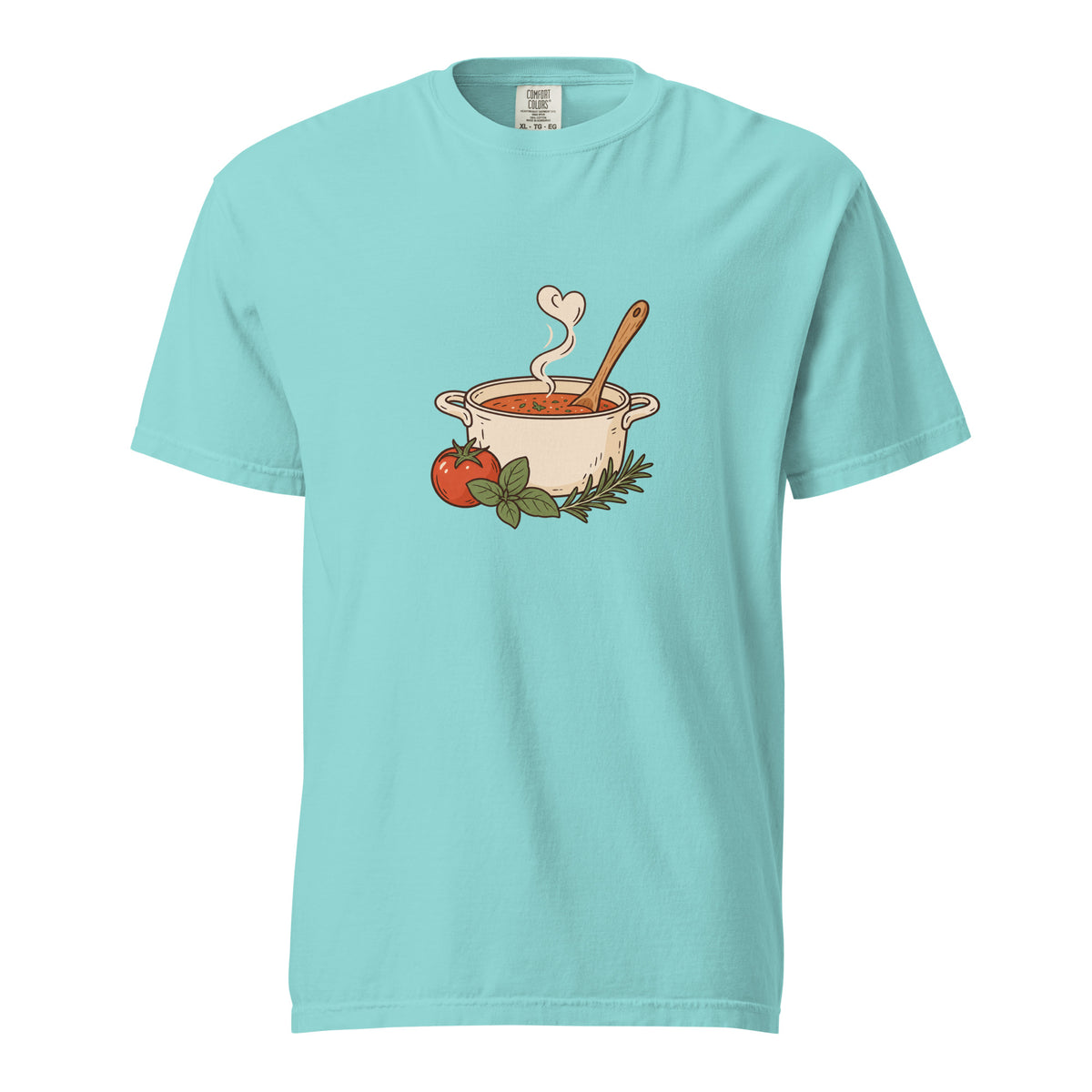 Front view of the noodle bowl heavyweight graphic t-shirt in lagoon blue