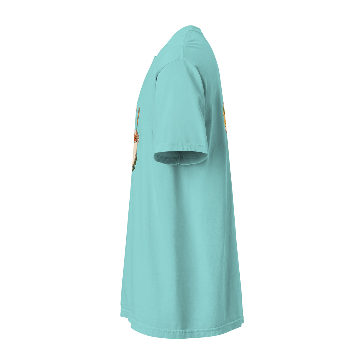 Left-side view of the noodle bowl heavyweight graphic t-shirt in lagoon blue